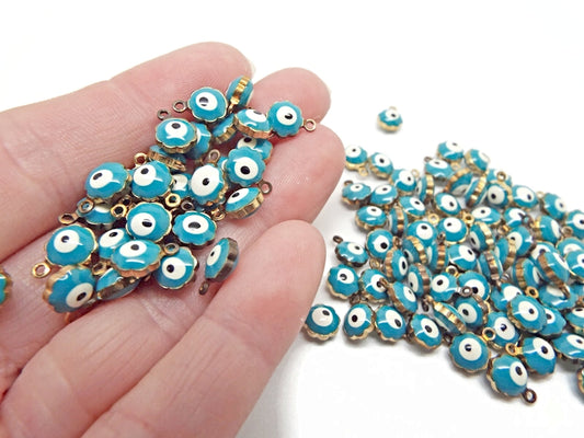 100 Small Evil Eye Charms, Antique Bronze Style with Turquoise Enamel Eye and 1mm Hole
