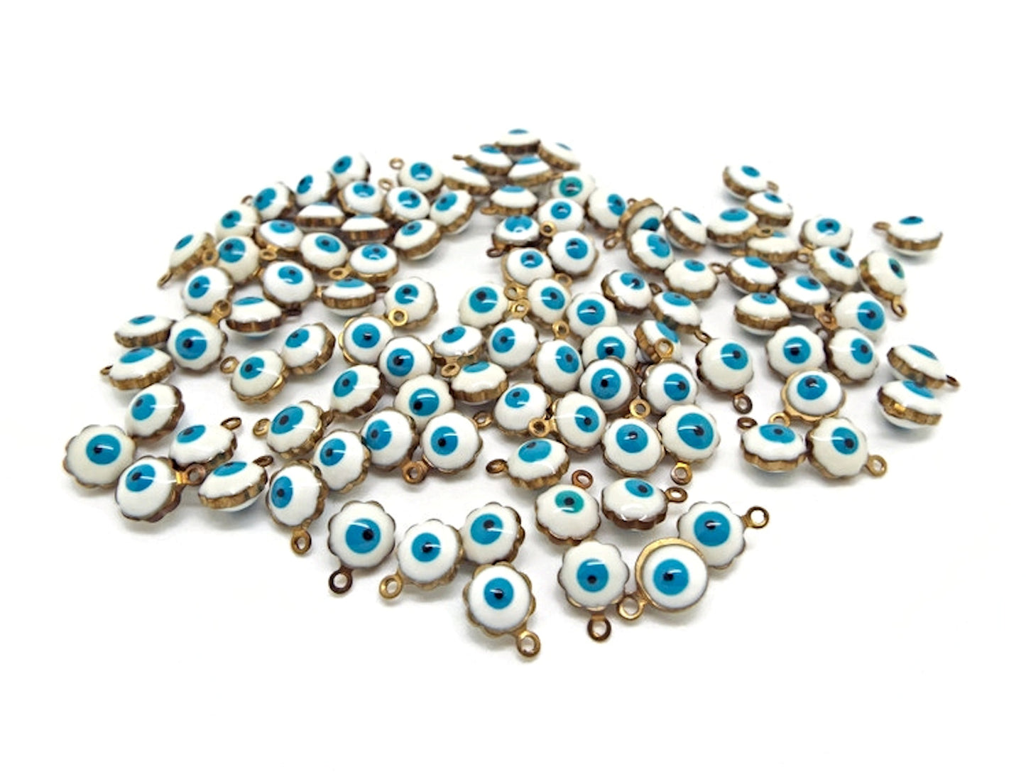 100 Mini Evil Eye Charms, Antique Bronze Style with White Blue Enamel Eye and 1mm Hole