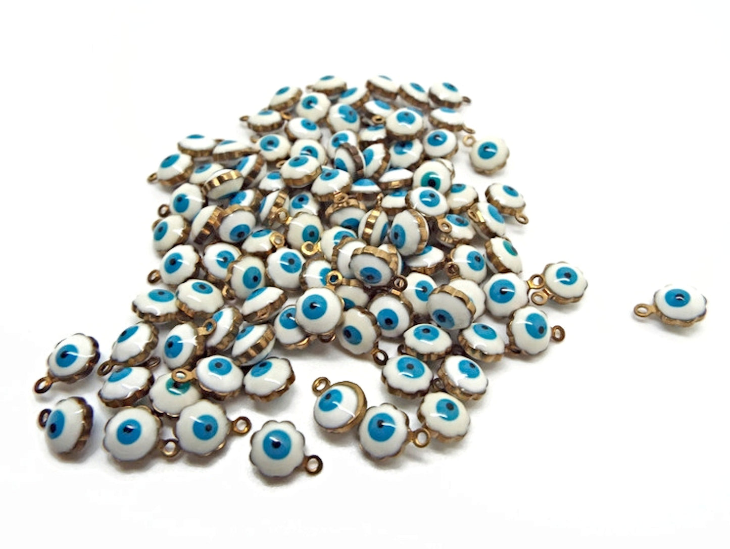 100 Mini Evil Eye Charms, Antique Bronze Style with White Blue Enamel Eye and 1mm Hole