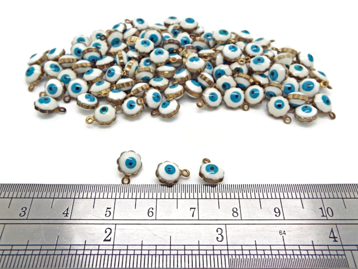 100 Mini Evil Eye Charms, Antique Bronze Style with White Blue Enamel Eye and 1mm Hole