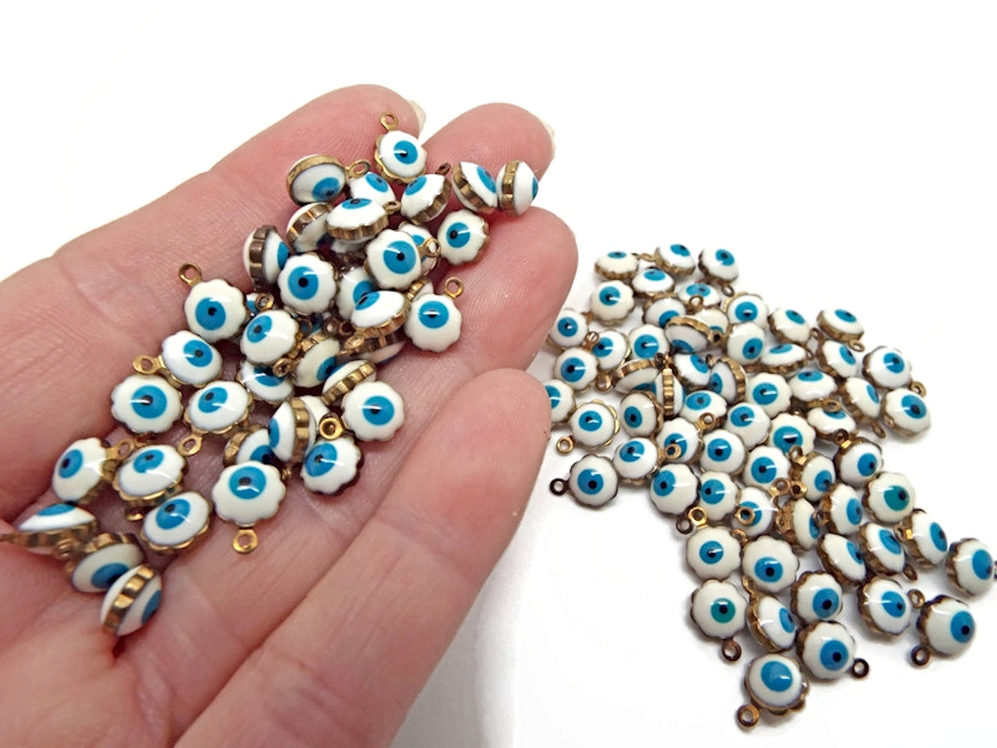 100 Mini Evil Eye Charms, Antique Bronze Style with White Blue Enamel Eye and 1mm Hole
