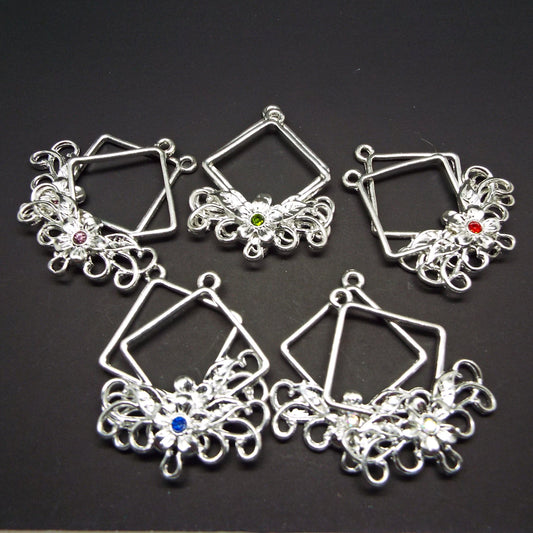 10 Silver Tone Diamond & Flower Shaped Earring Pendants with Rhinestones