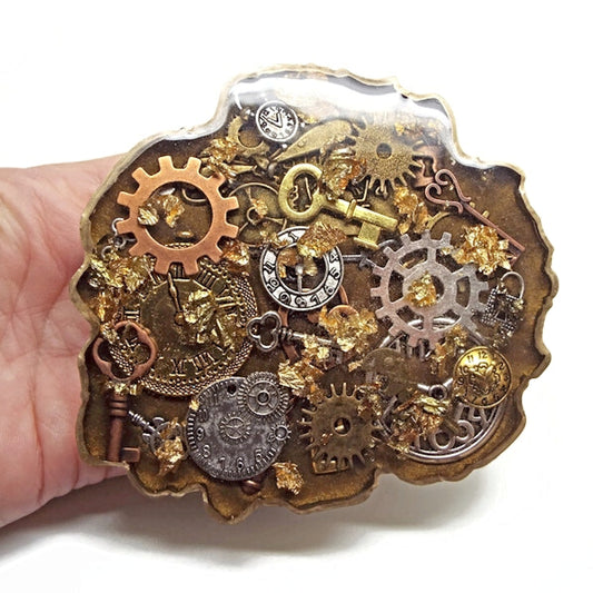 Resin Steampunk Coaster Handmade with Cogs, Clocks, Keys & Locks with Rubber Protectors