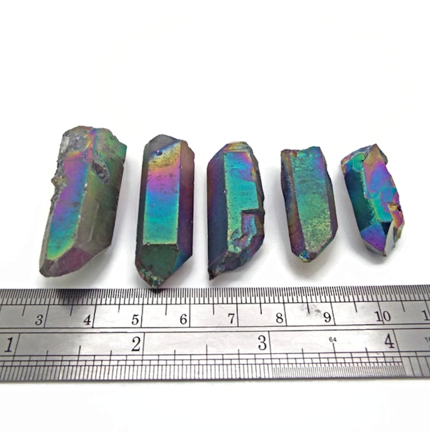Rainbow Electroplated Quartz Points, Set of 5 Gemstone Pendants 47-33mm