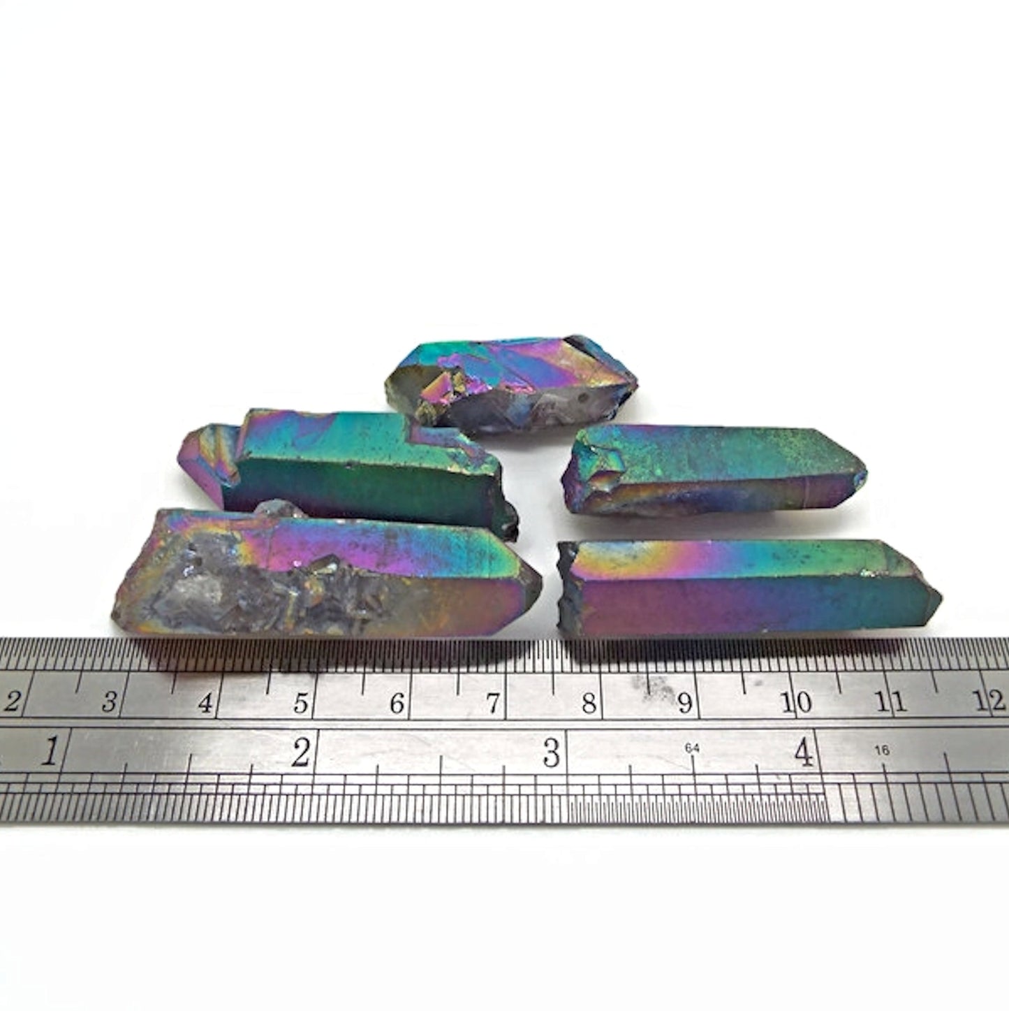 Rainbow Electroplated Quartz Points, Set of 5 Gemstone Pendants 47-33mm