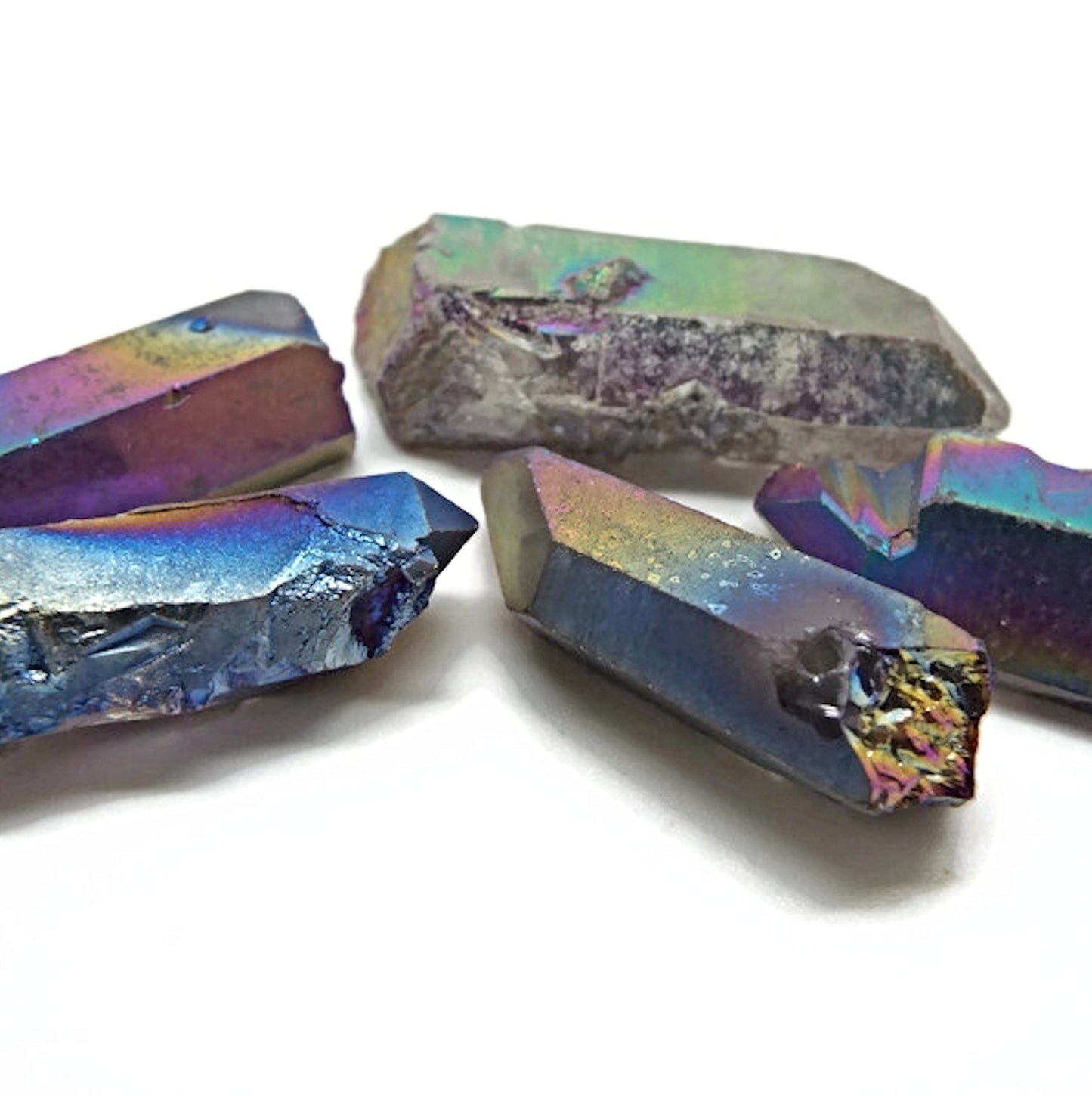 Rainbow Electroplated Quartz Points, Set of 5 Gemstone Pendants 47-33mm
