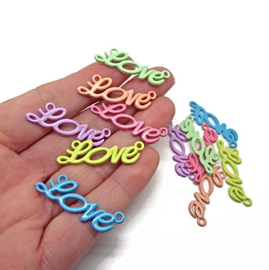 12 Enamel Love Pendant Connectors for Jewellery Making, Mixed Pack of 6 Colours