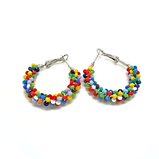 Seed Bead Hoop Earrings in Rainbow Colours with Silver Plated Wire Wrapping