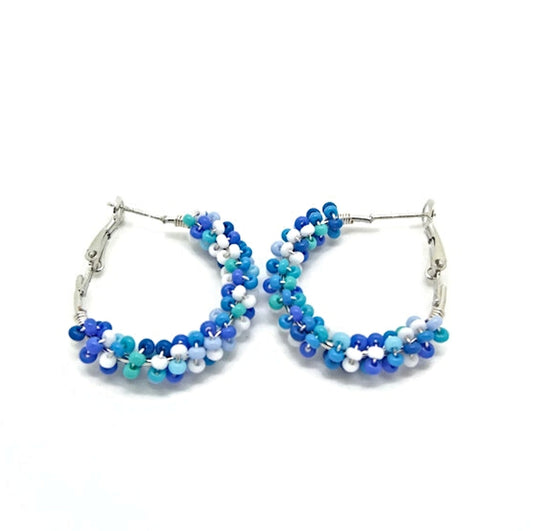 Beaded Silver Earring Hoops with Seed Beads, Handmade with Silver Plated Wire