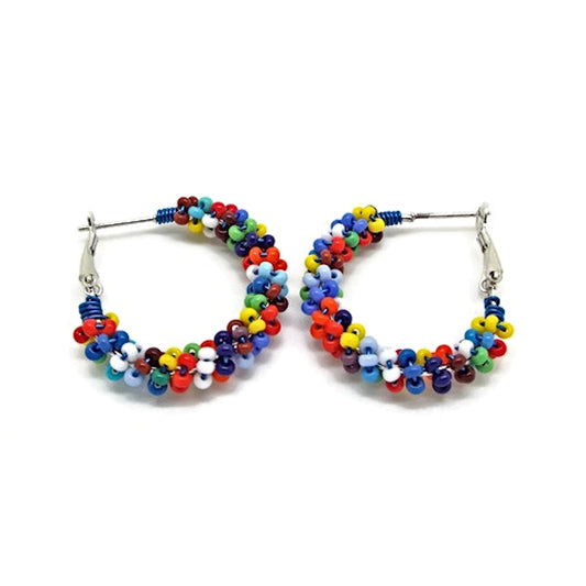 Seed Bead Hoop Earrings in Rainbow Colours Wrapped with Blue Copper Wire