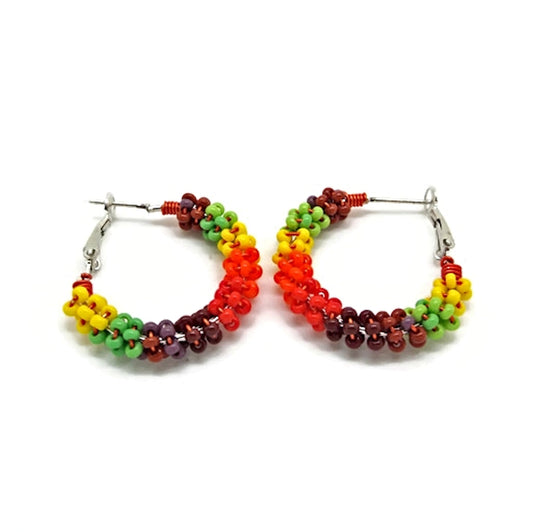 Autumn Colours Seed Bead Silver Hoop Earrings with Orange Copper Wire