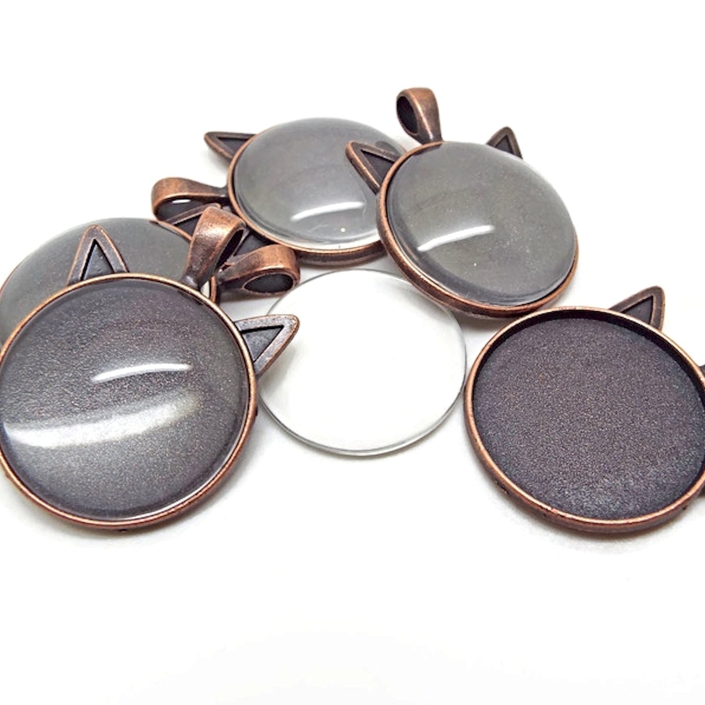 10 Copper Tone Cat Pendants with 25mm Clear Glass Cabochons, 37x27mm