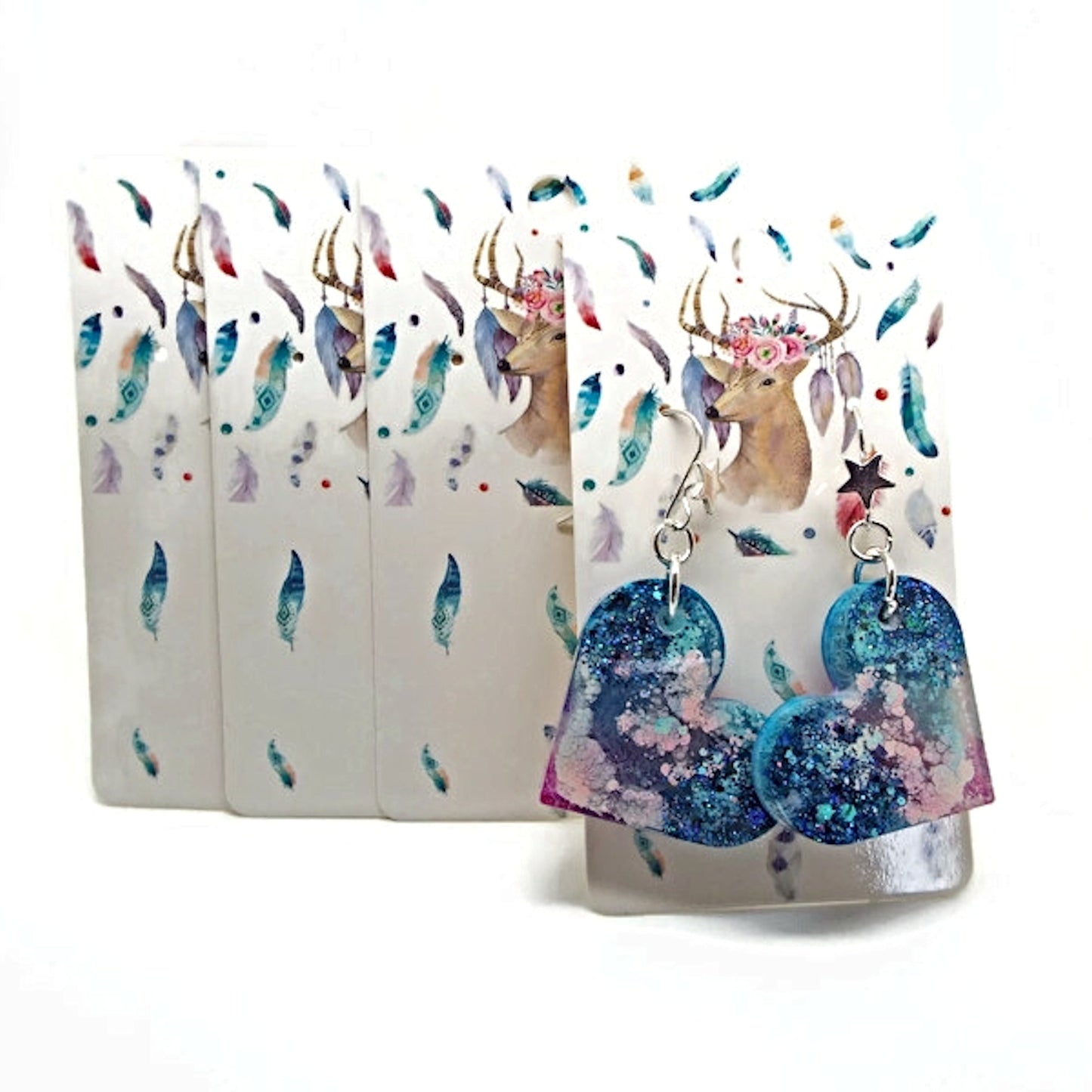 20 Earring Display Cards with Deer and Feathers Design, 9x5cm with 2 Holes for 1 Pair