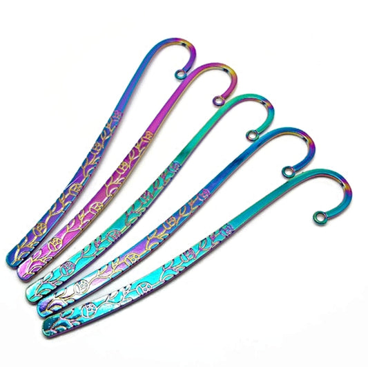 5  Rainbow Electroplated Flower Engraved Bookmarks, 113mm Metal Blanks for Beads Tassels or Charms