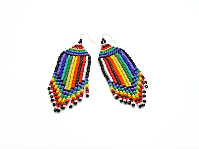 Multicolour Fringe Earrings, Handmade with Miyuki 11/0 Seed Beads and Silver Plated Earwires, Full Drop 7.8cm