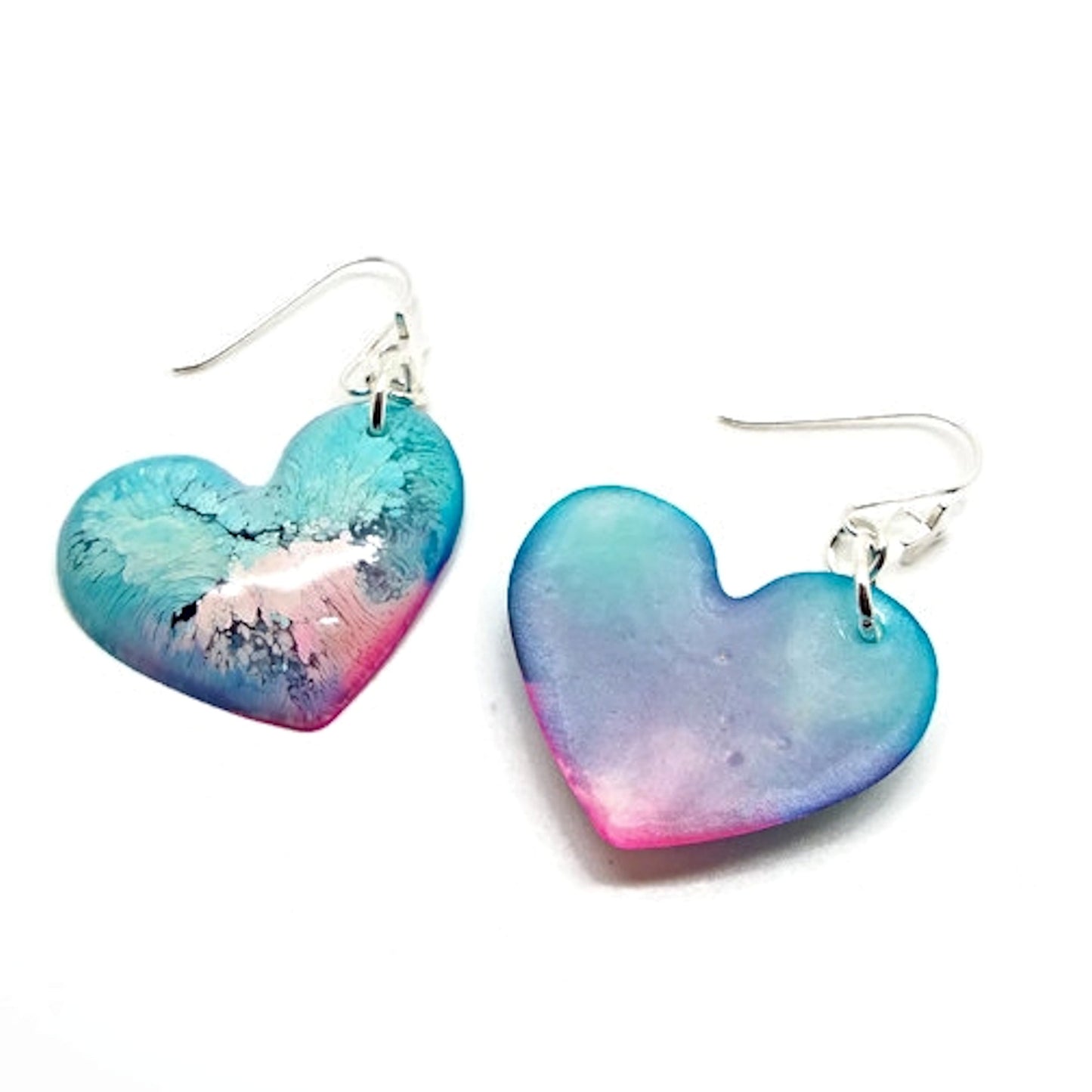 Handmade Domed Heart Blue & Pink Earrings with Silver Star Design Earwires