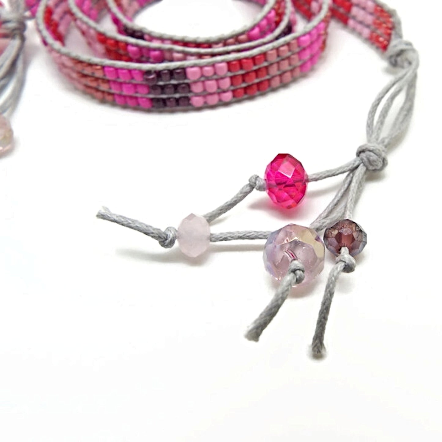 Wrap Around Beaded Boho Bracelet in Pink & Gray, 63cm Long, Wax Cord Ends with Flower Button Closure
