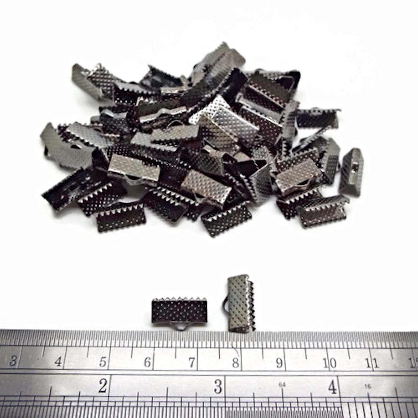 50 Iron Gunmetal Ribbon End Clamps, 13x7mm, Hole 2mm