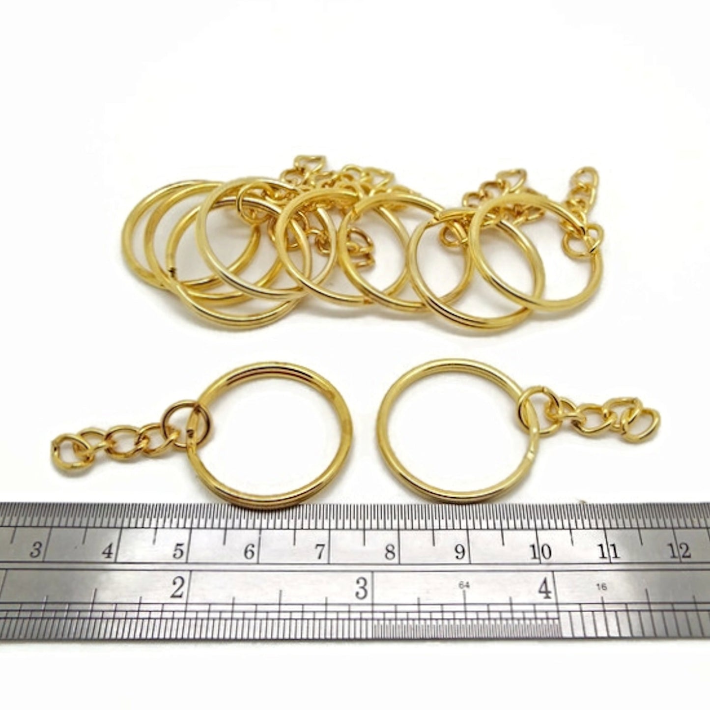 10 Gold Coloured Split Rings with Chain for Keyring Making, 25mm Diameter