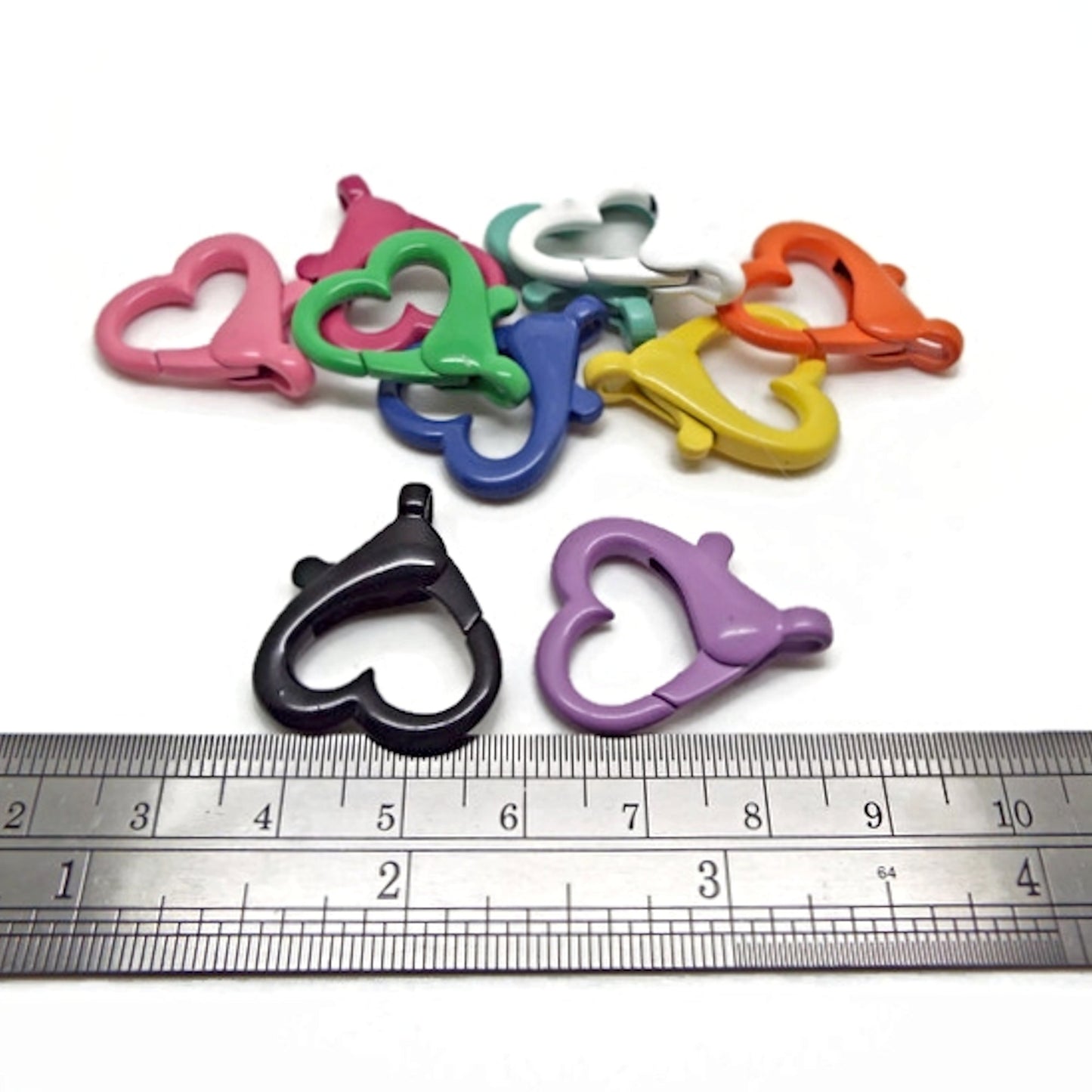10 Heart Shaped Keyring Clasps in Mixed Enamel Colours, 26x21mm, Hole: 2x3mm