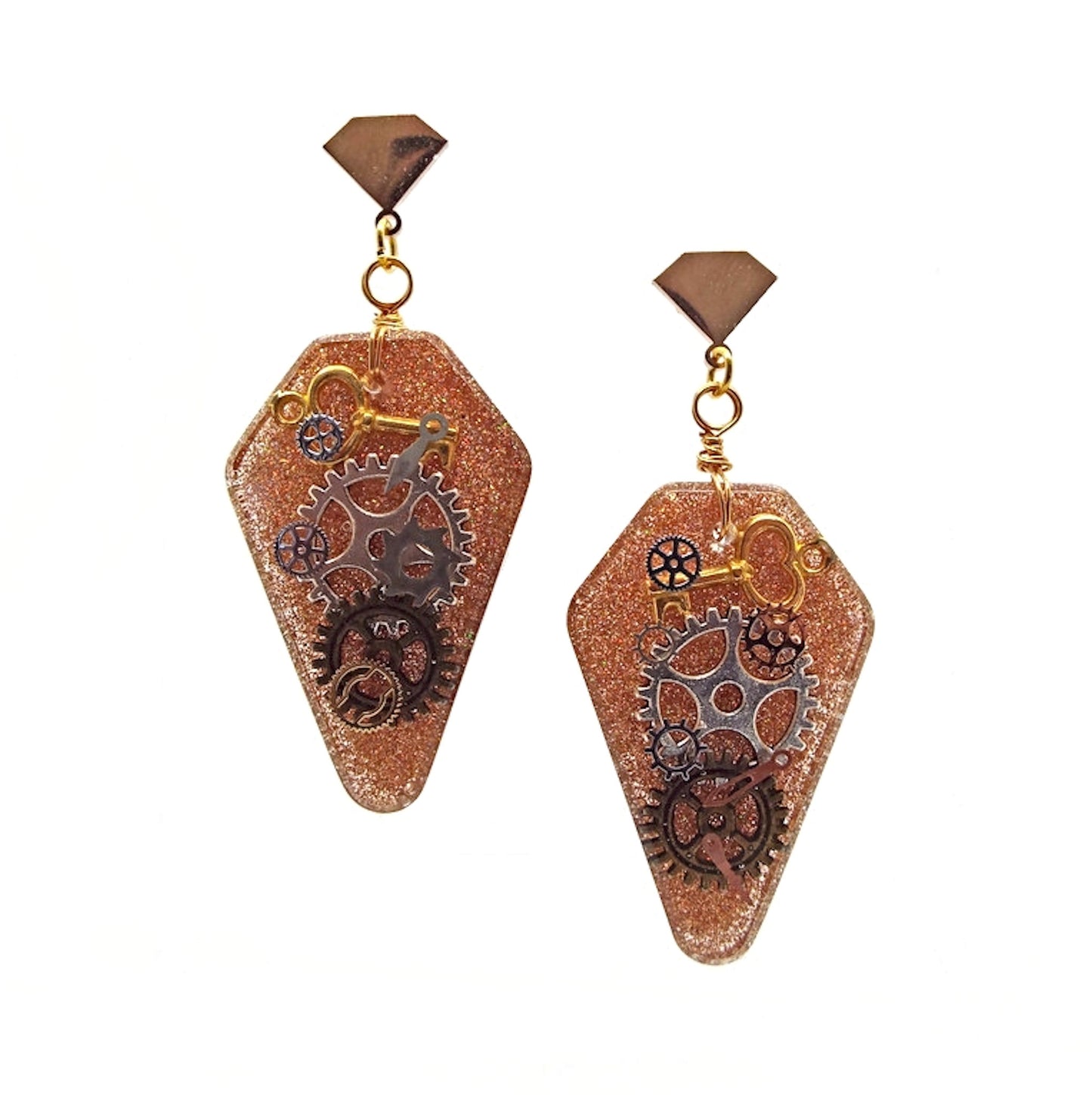 Golden Resin Steampunk Earrings with Cogs and Keys