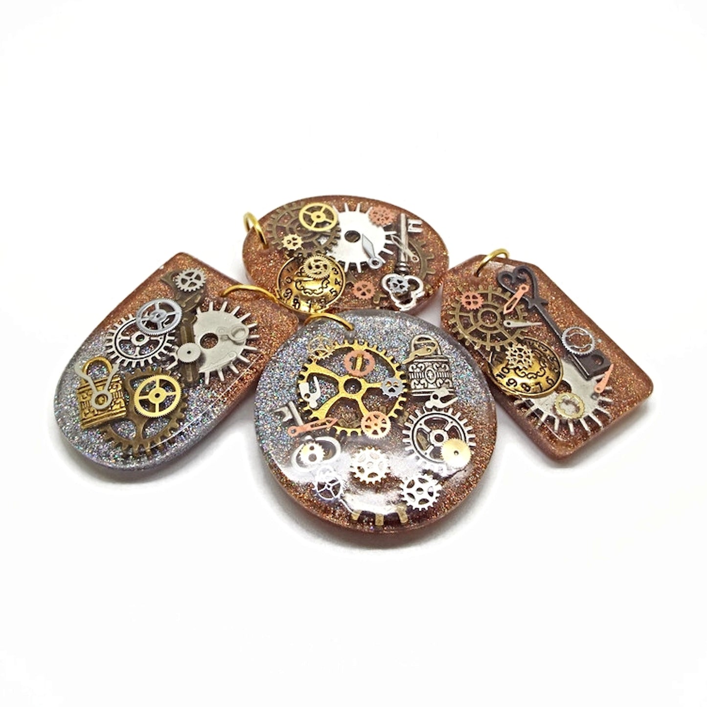 4 Handmade Steampunk Pendants with Metal Inclusions