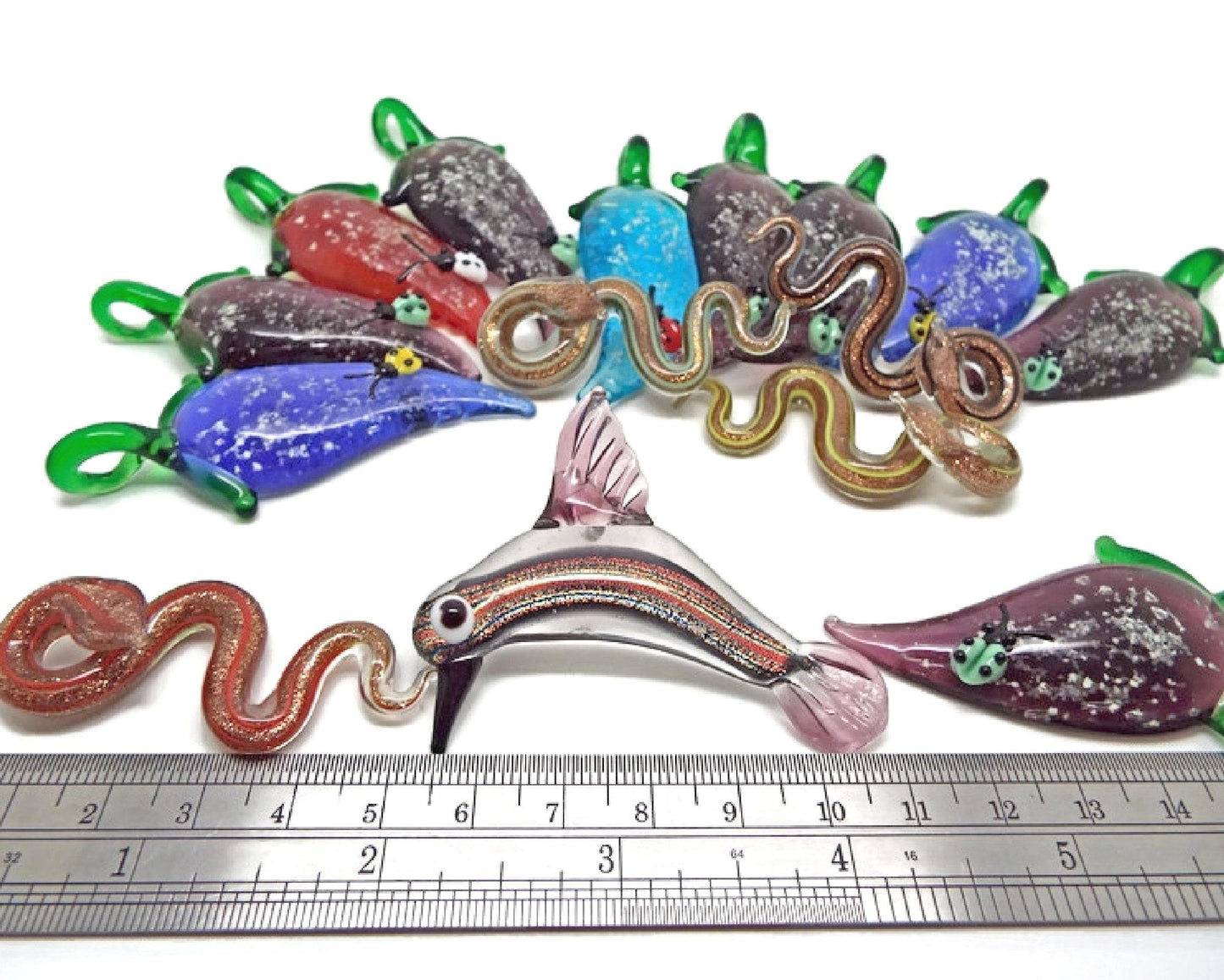 Destash Pendants, Lampwork Glass Leaf with Ladybird, Humming Bird and Snakes