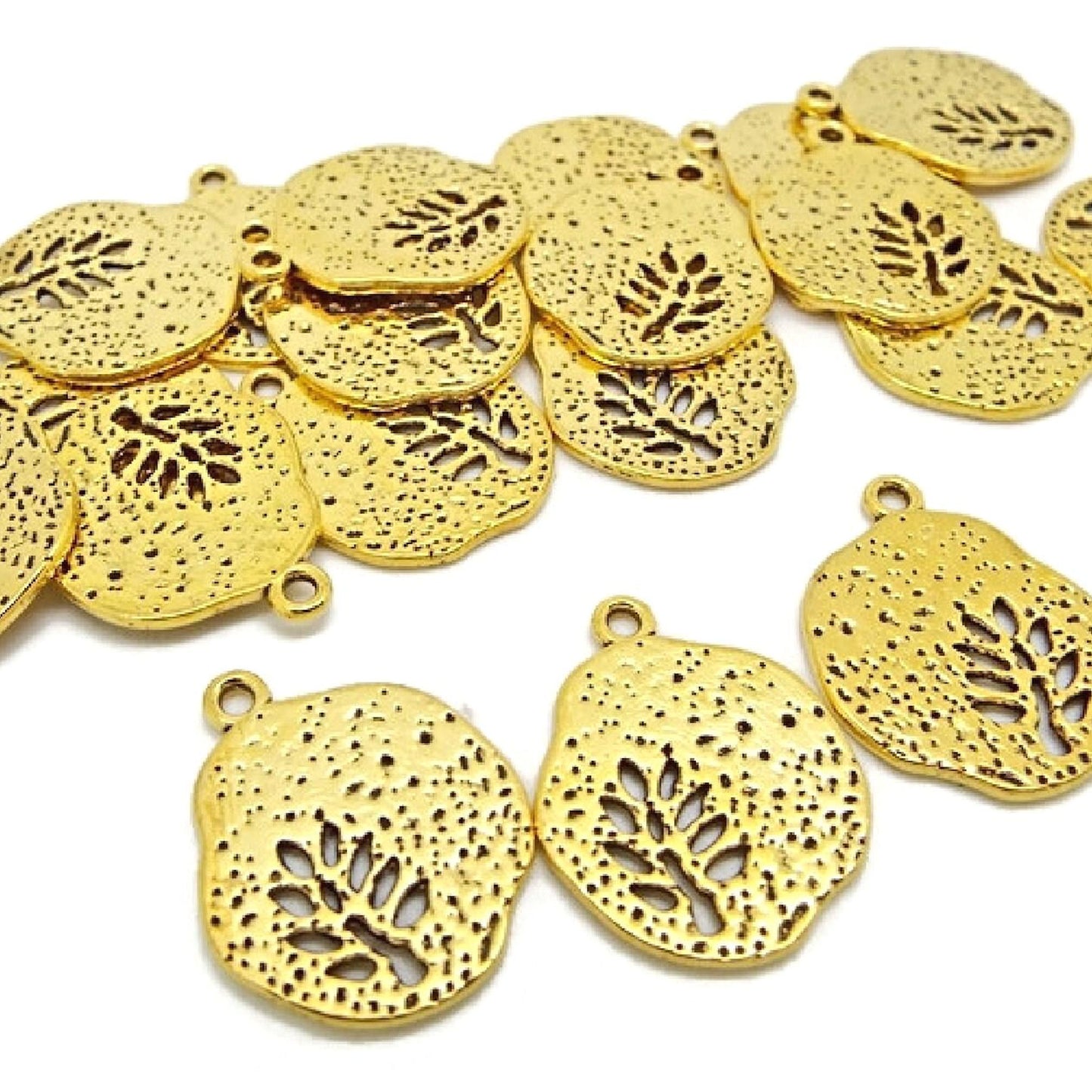 20 Golden Leaf Charms in Irregular Round Design for Jewellery Making