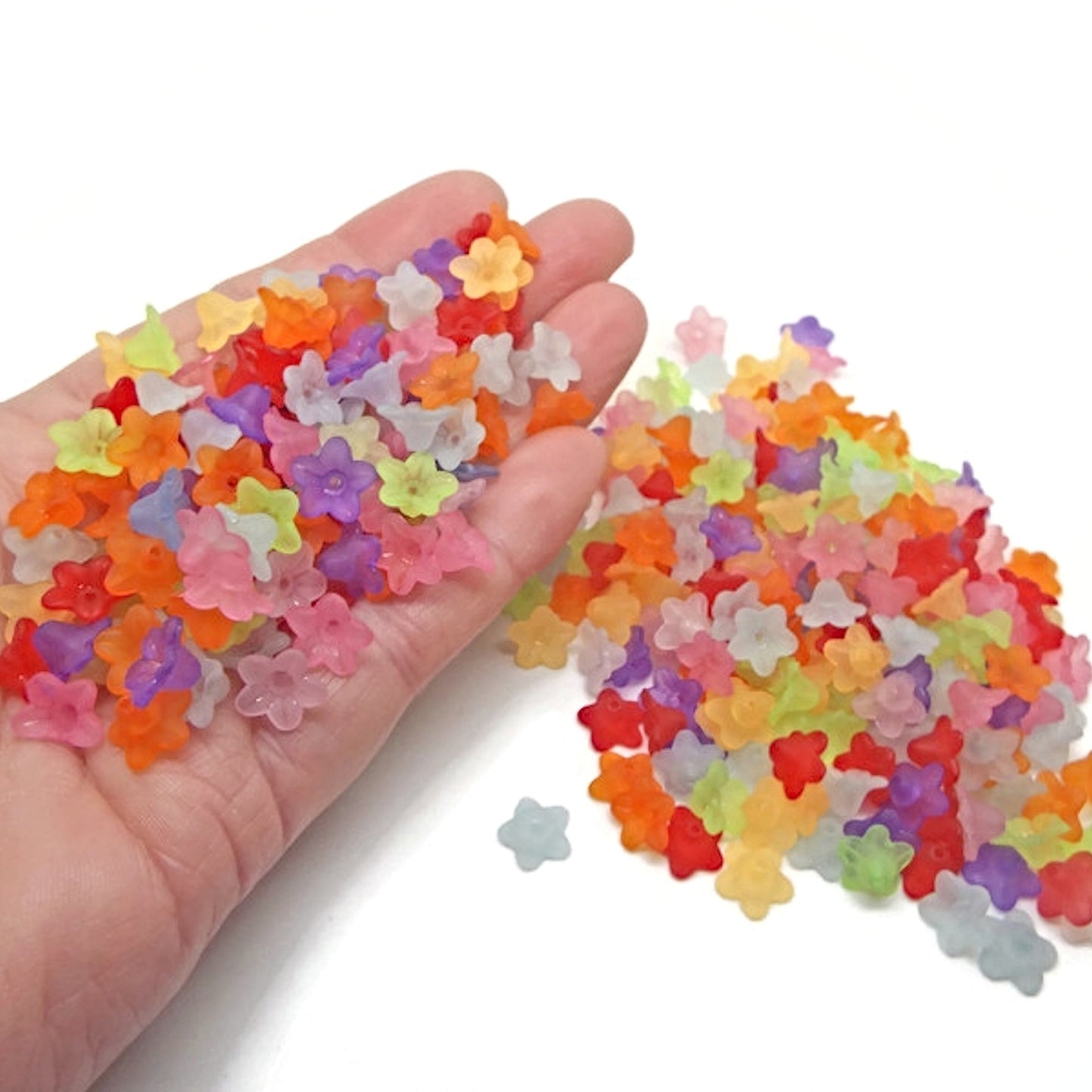 100 Frosted Flower Beads 10mm in Lucite Style Acrylic. Mixed Colours