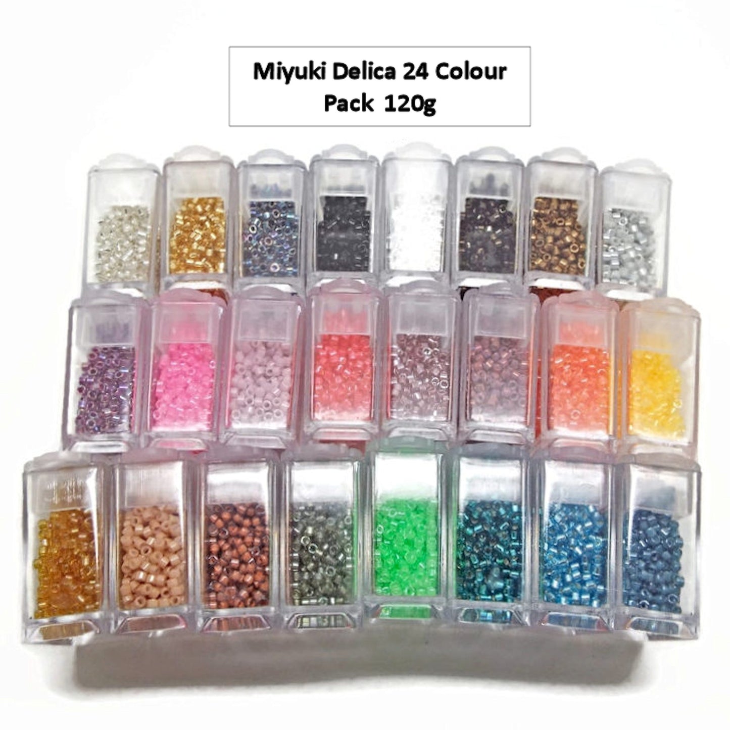 24 flip-top plastic tubs containing seed beads. Each tub is showing a different colour of Miyuki Delica beads