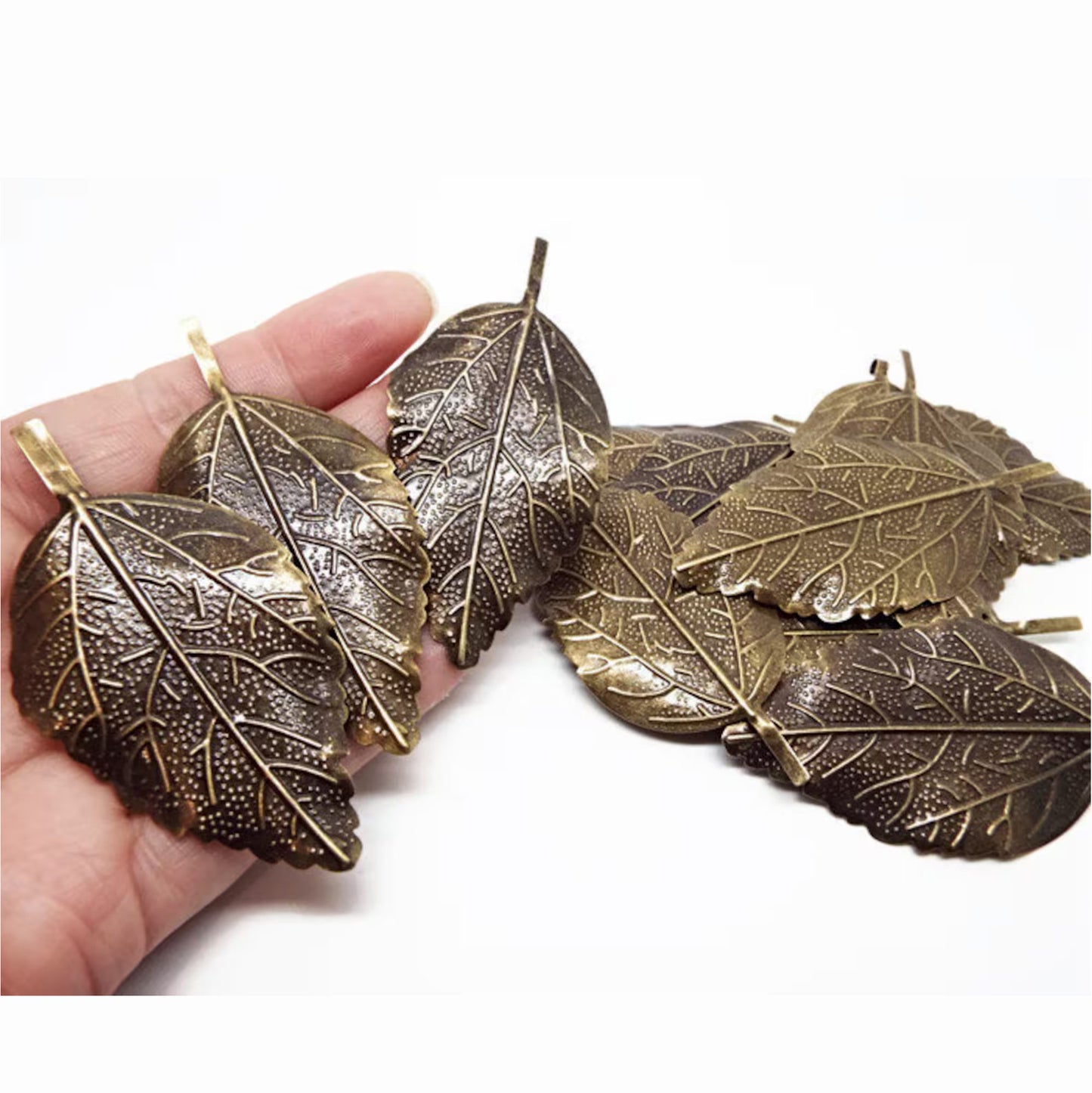 20 Large Bronze Leaf Pendant Embellishment, 65mm Flexible Antique Bronze Leaves for Metal Leaf Jewellery Making