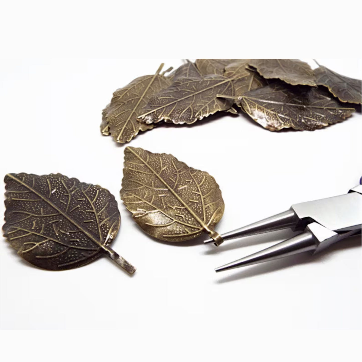 20 Large Bronze Leaf Pendant Embellishment, 65mm Flexible Antique Bronze Leaves for Metal Leaf Jewellery Making