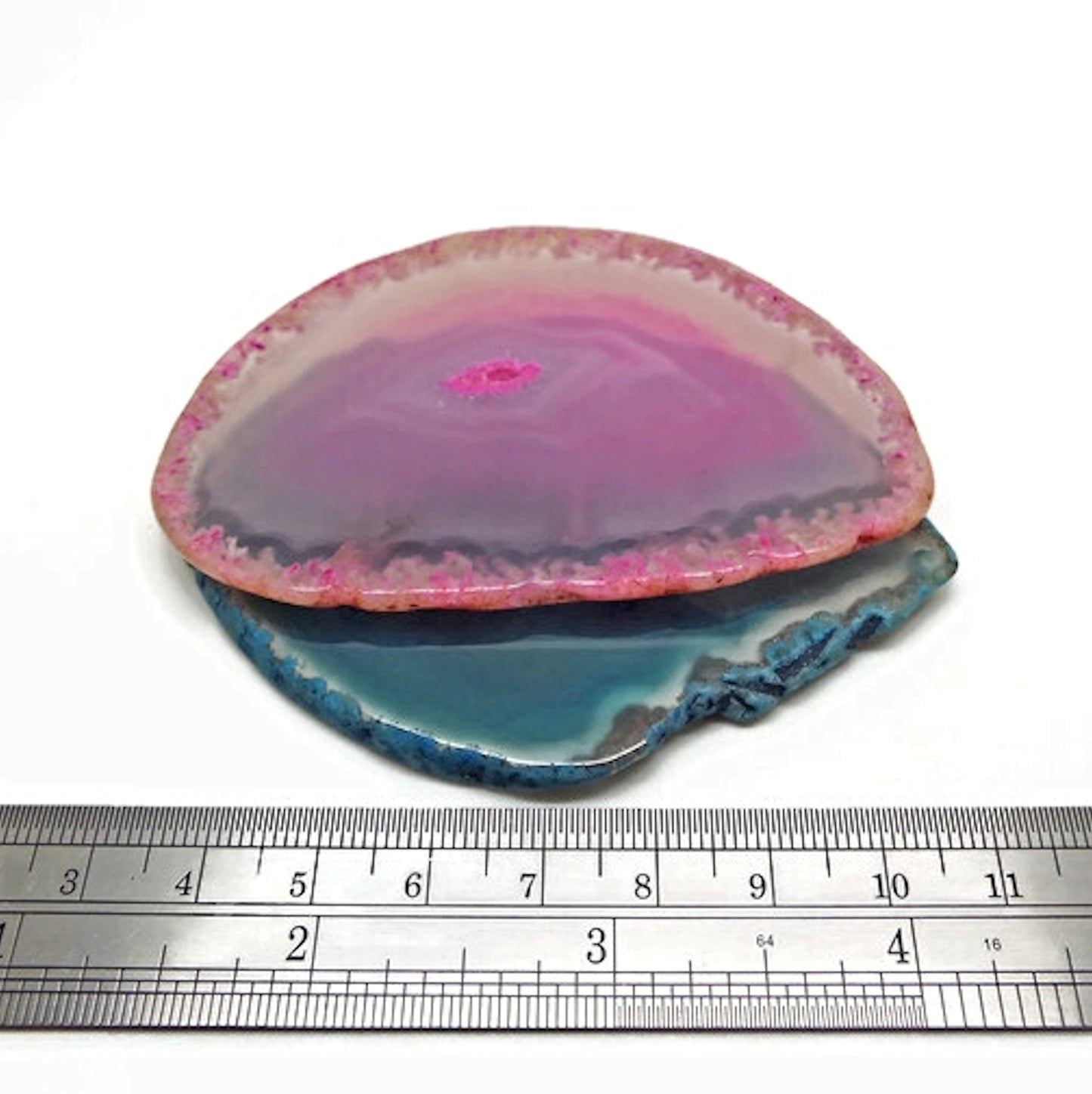 2 Large Agate Slice Pendants in Pink and Blue, 78mm Semi Precious Gemstone for Jewellery Crafts