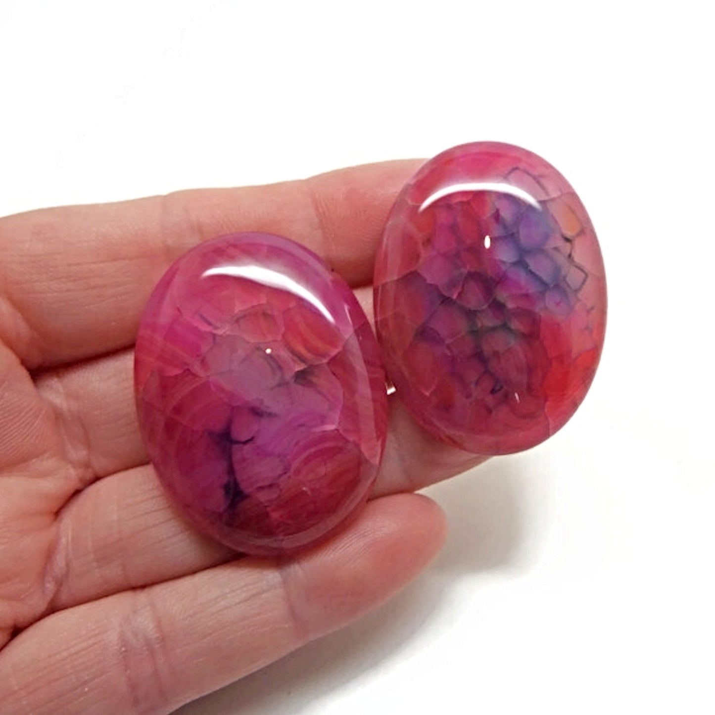 2x Deep Pink Agate Cabochons, 40mm Dragon Vein Agate for Jewellery Making