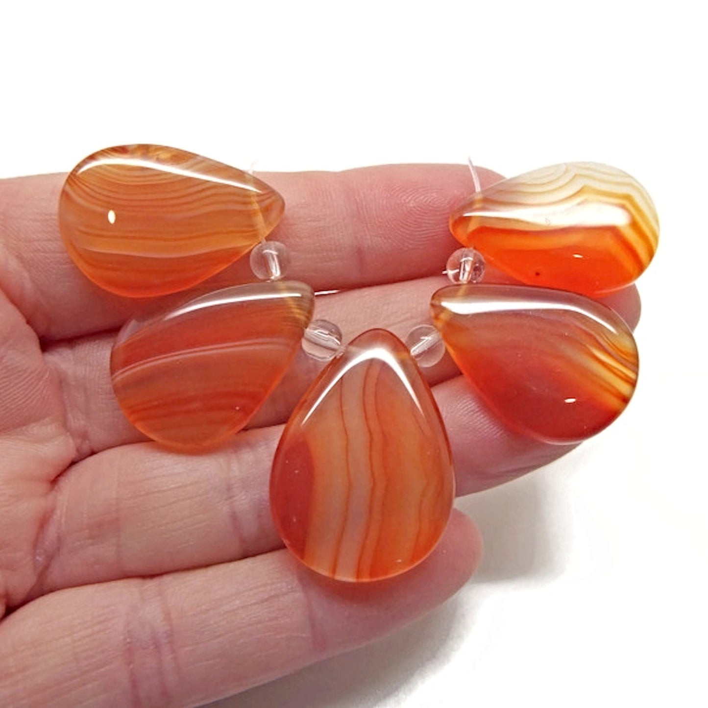 Set of 5 Orange Banded Agate Teardrop Pendants for Gemstone Jewellery Making