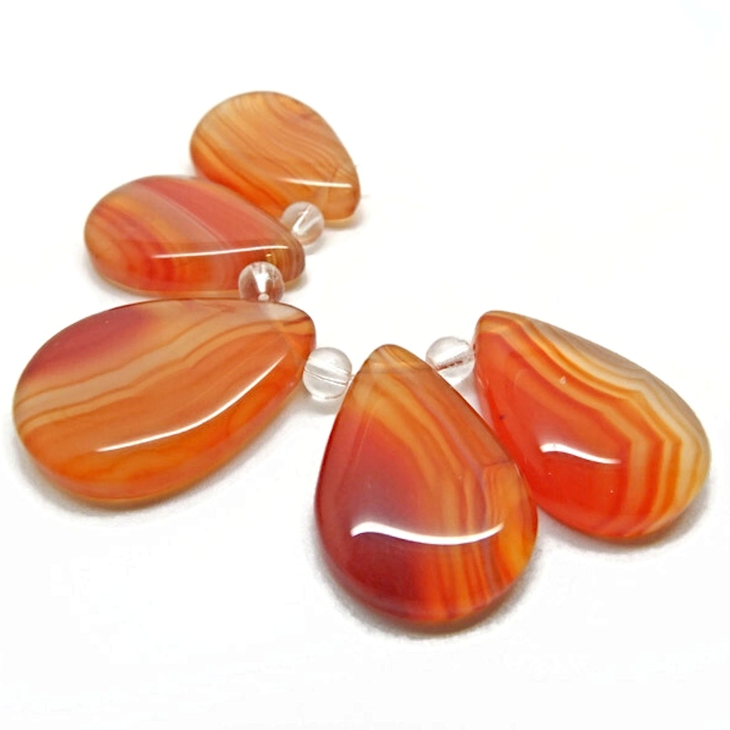 Set of 5 Orange Banded Agate Teardrop Pendants for Gemstone Jewellery Making