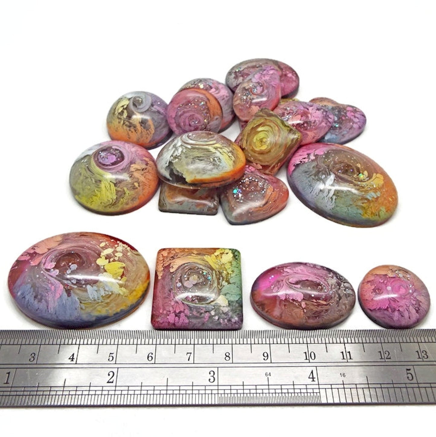 18 Rainbow Resin & Ink Cabochons for Jewellery Making & Crafting, Handmade Craft Supplies