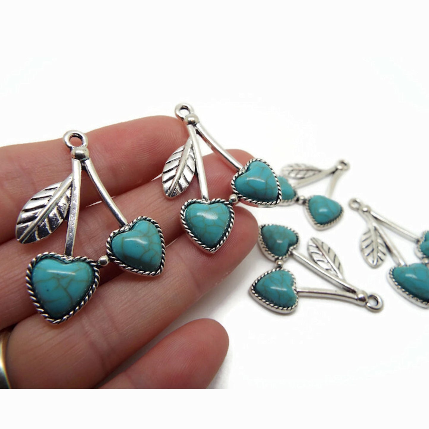 5 FAUX TURQUOISE Cherry Pendants in an Antique Silver Style, 37x26mm with 2mm Hole, Heart Shaped Faux Gemstone