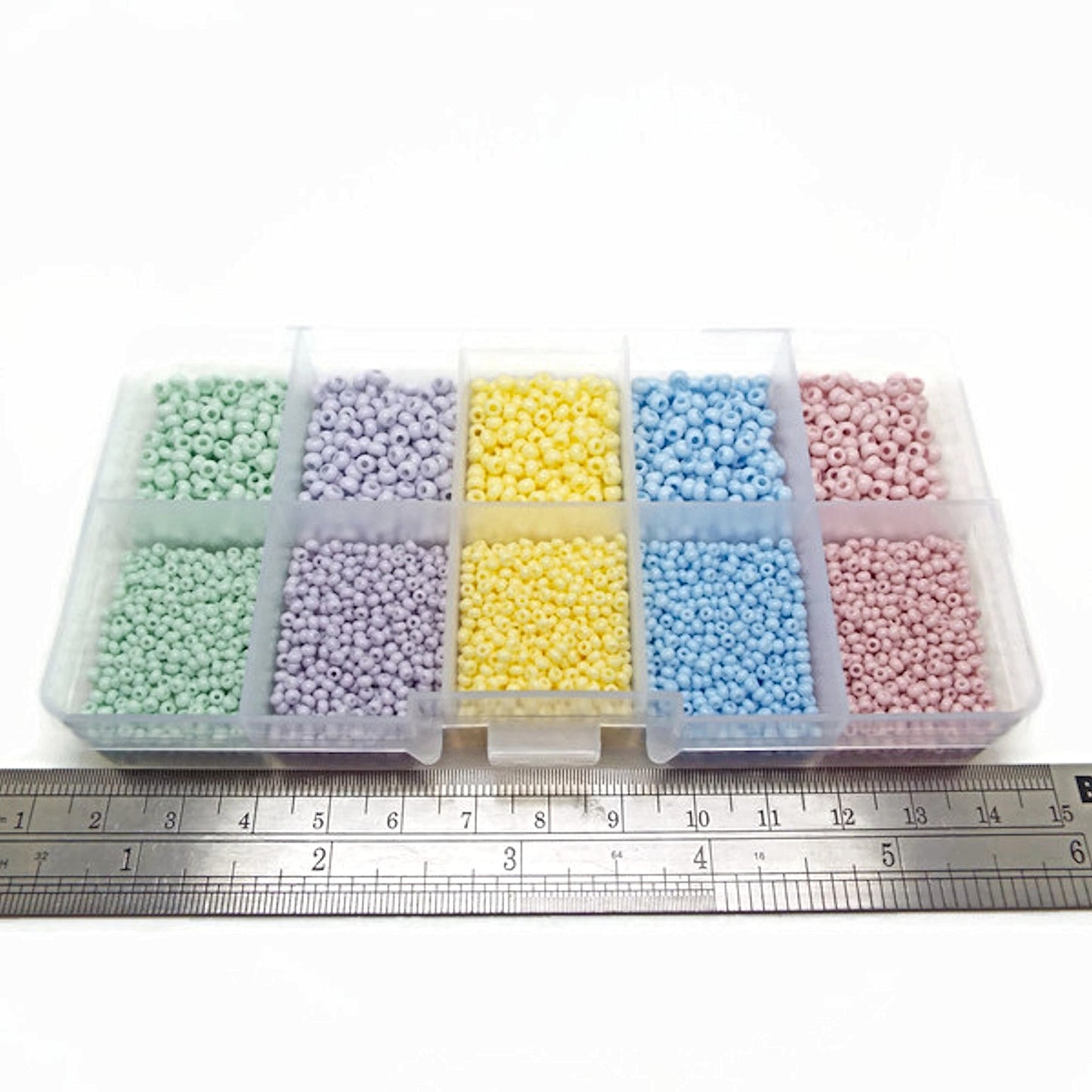 Preciosa Seed Beads, 10 Compartment Box with 5 Colours in 2 Sizes, Approx 7500 Beads