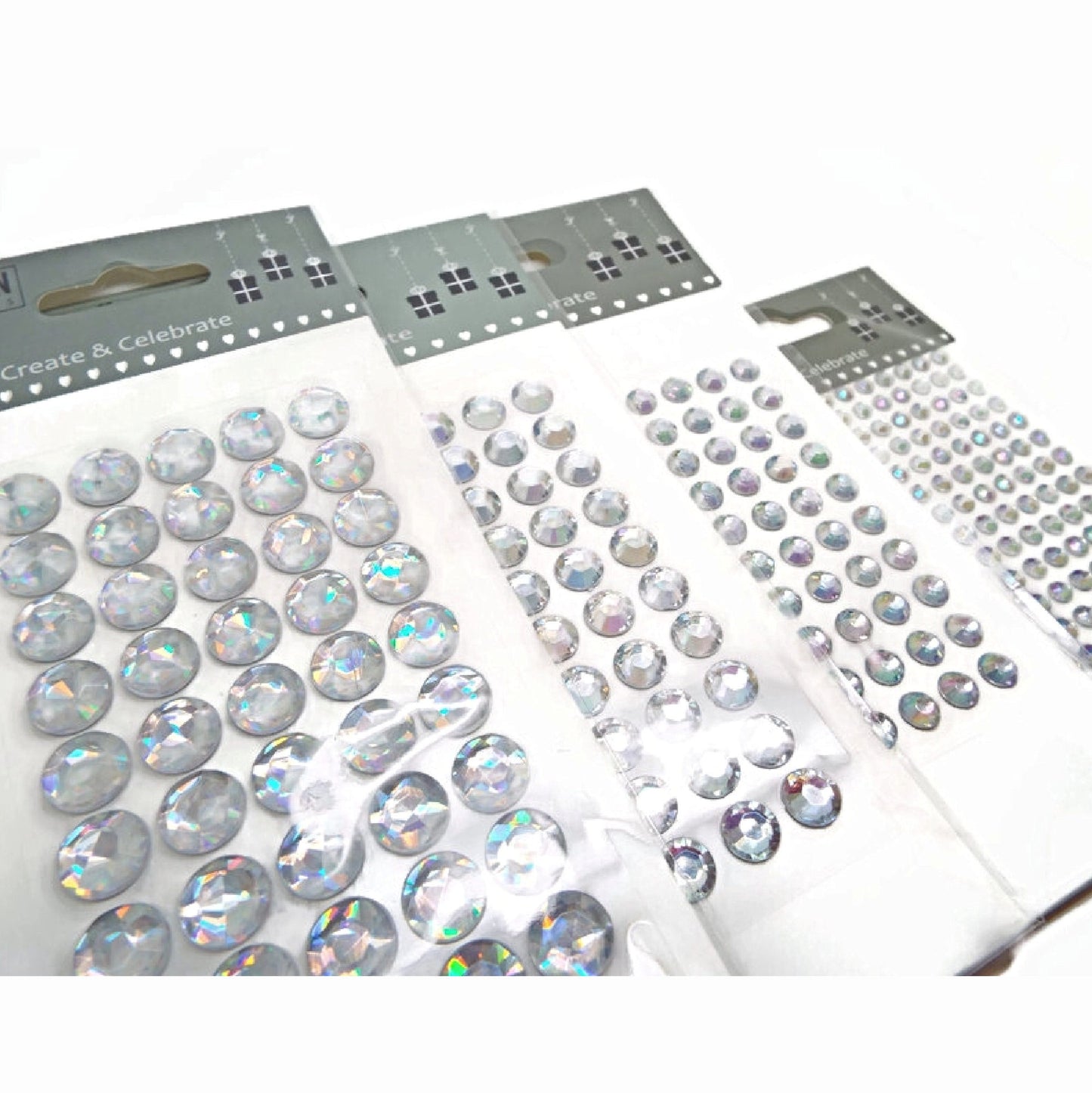 4 Sets of Round Iridescent Glass Diamante Stickers in Sizes 4mm, 6mm, 8mm & 10mm