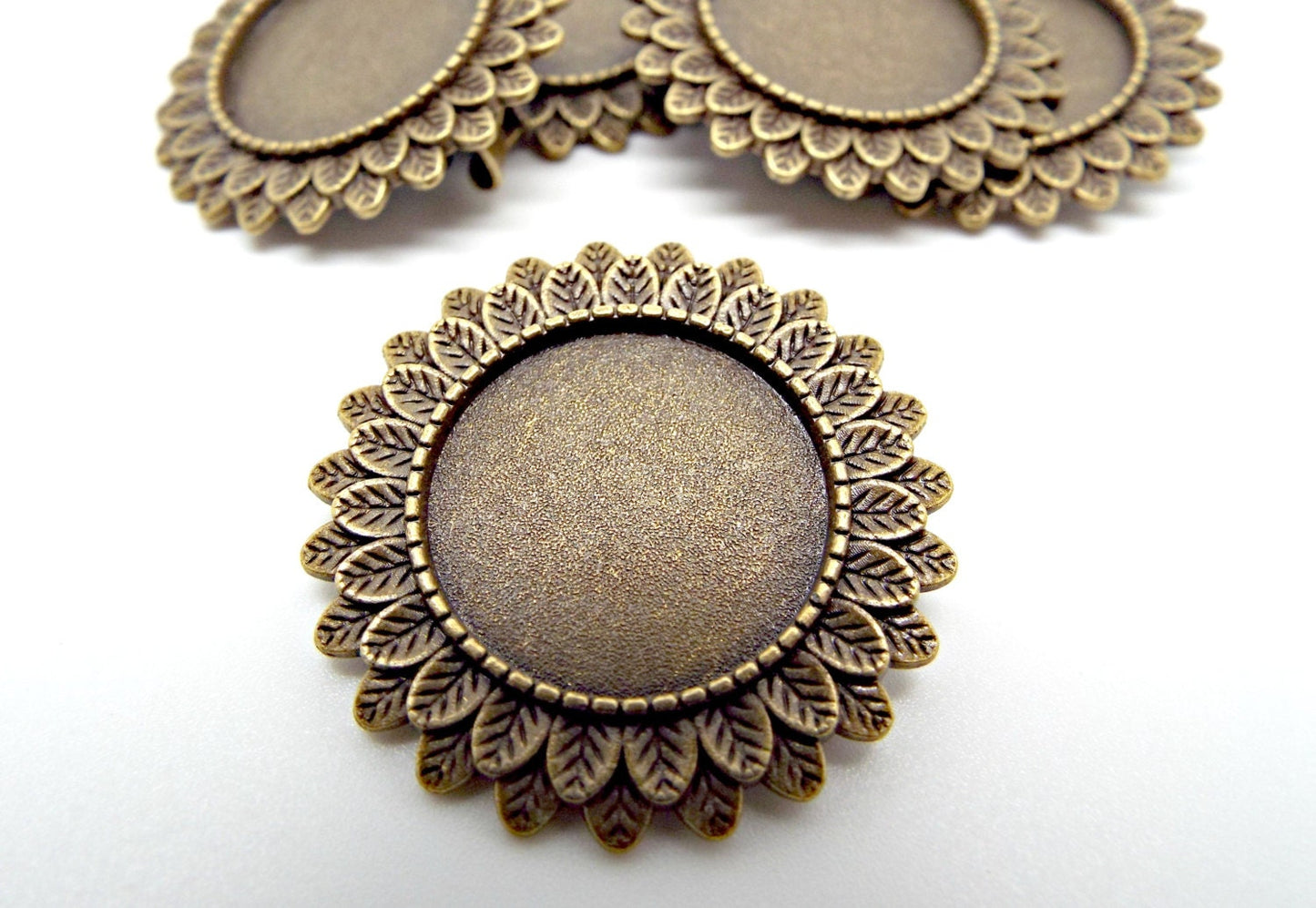 5 BRONZE SUNFLOWER BROOCH Bases with 20mm Round Cabochon Setting, 33mm Brooch