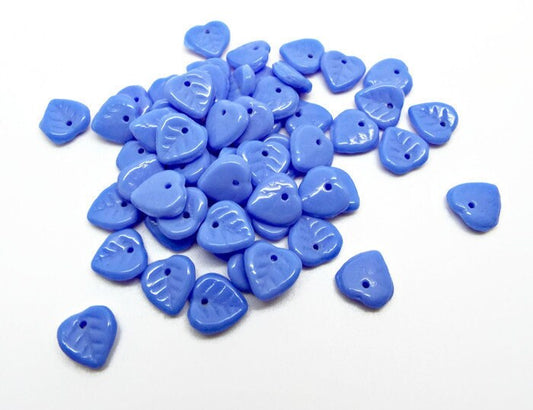 50 CZECH GLASS Blue Milk Glass Style Leaf Beads, 9mm Opaque Leaf Charms for Floral Jewelry Making