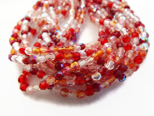 100 3mm Czech Glass Fire Polished and Faceted Bead Strand in a Red Mix. Small Barrel Beads