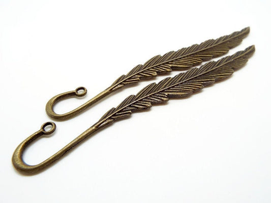 5 BRONZE FEATHER BOOKMARKS in an Antique Style, Blanks for Beads & Charms, 116x14mm