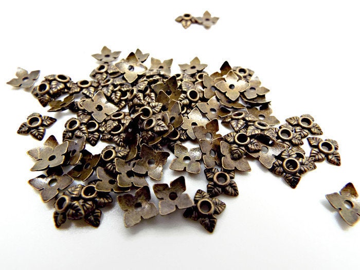100 Bronze Tone Bead Caps, 6mm with a Leaf Design, Jewellery Findings