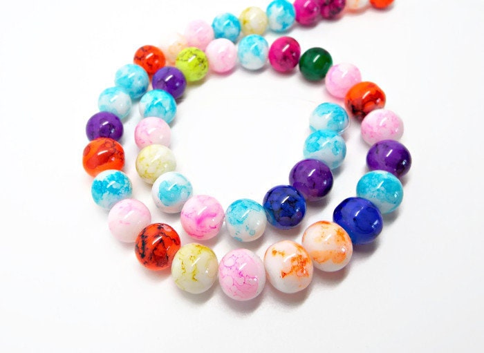 10mm Round Glass Spraypainted Beads with a Random Paint Effect, Strand of 43 in Mixed Colours