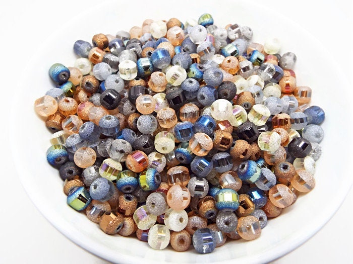 100 Frosted Glass Beads, 6mm Round Beads with Electroplate Centre in 9 Mixed Colours