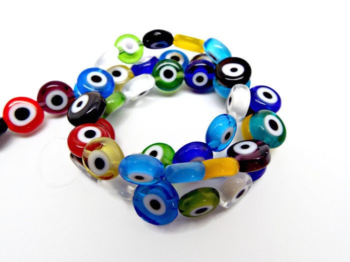 FLAT EVIL EYE BEADS, Strand of 50 Glass, Disc Shaped 8mm Beads in Mixed Colors