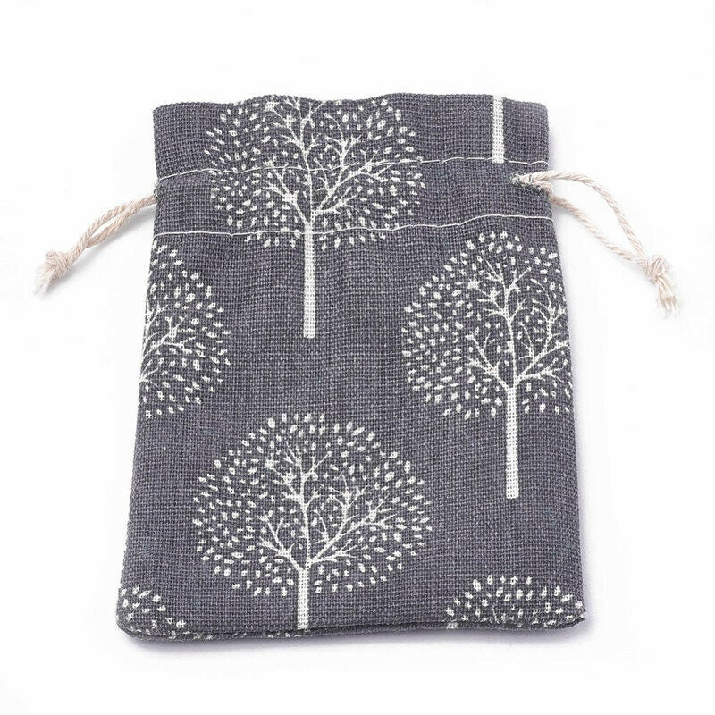 5 GREY TREE FABRIC BAGS 14x10cm Drawstring Pouch Bags for Jewellery Presentation and Gifting