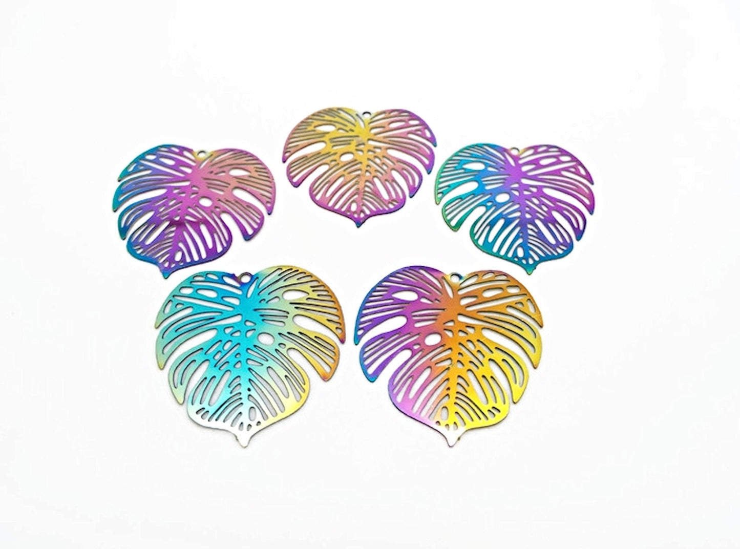 MONSTERA LEAF Pendants, Set of 5 Electroplated Stainless Steel Rainbow Charms, 26mm, Lightweight in Filigree Style
